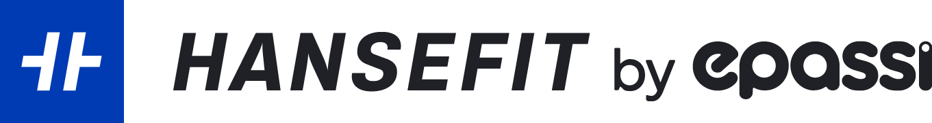 Blaues Hansefit Logo mit schwarzem Schriftzug und einem Pluszeichen links